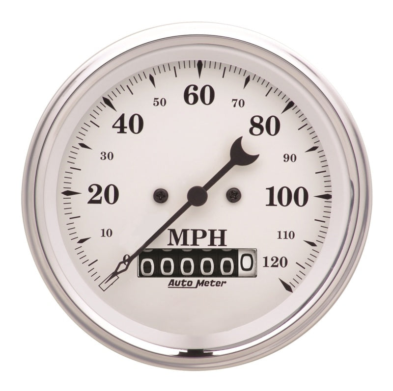 AutoMeter Gauge Speedo. 3-3/8in. 120MPH Elec. Prog. W/ Wheel Odo Old Tyme White Gauges AutoMeter