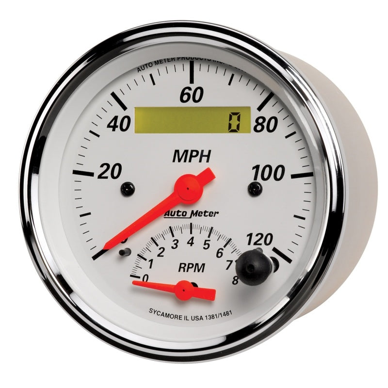 AutoMeter Gauge Tach/Speedo 3-3/8in. 120MPH & 8K RPM Elec. Program. Arctic White Gauges AutoMeter