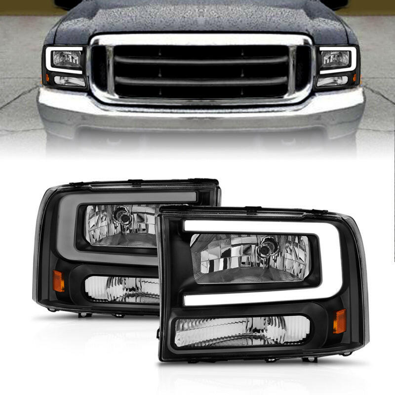 ANZO 99-04 Ford F250/F350/F450/Excursion (excl. 99) Crystal Headlights - w/ Light Bar Black Housing Headlights ANZO