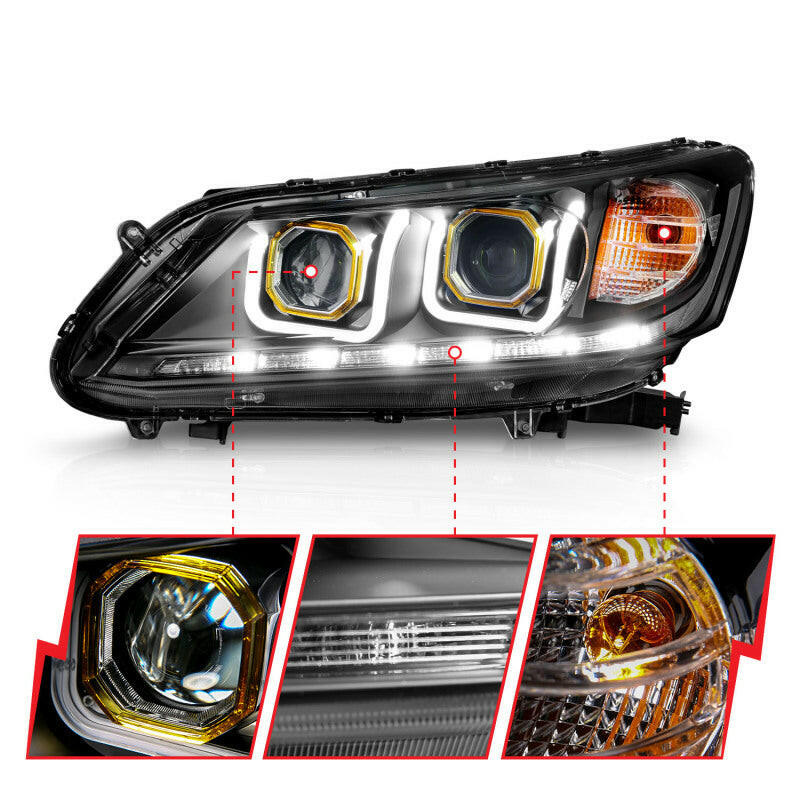 ANZO 2013-2015 Honda Accord (4dr ONLY) Projector Headlights w/ U-Bar Black Headlights ANZO