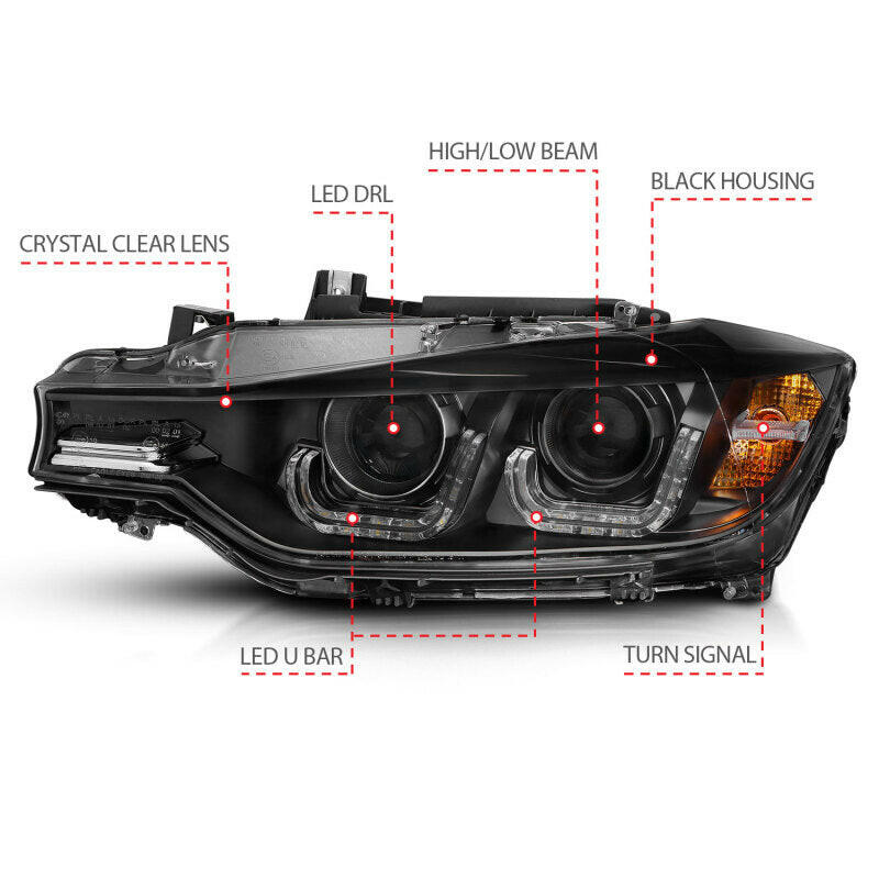 ANZO 2012-2015 BMW 3 Series Projector Headlights w/ U-Bar Black Headlights ANZO
