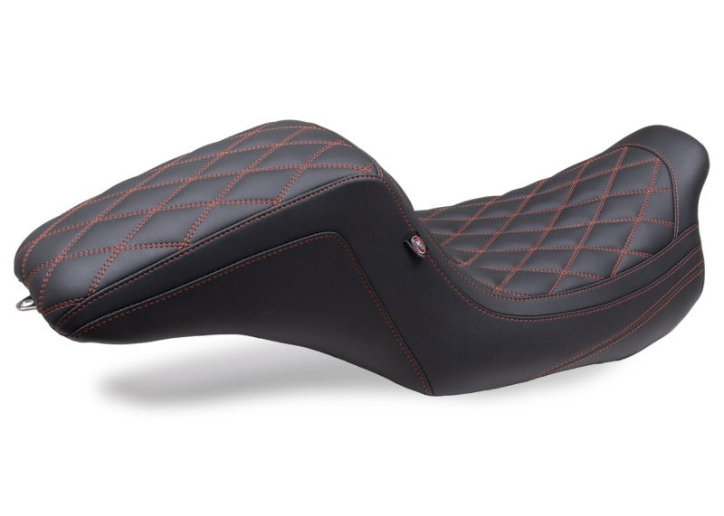 Mustang 08-24 HD FL Touring Double Diamond Squareback 1PC Seat - Black w/ Red Stitching One-Piece Motorcycle Seats Mustang Motorcycle
