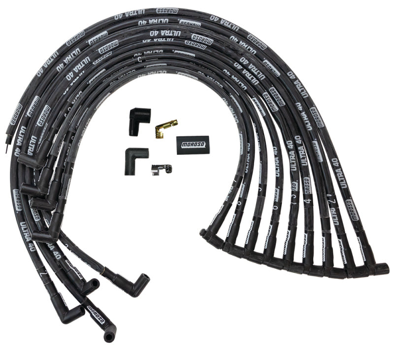 Moroso Chevrolet Small Block Ignition Wire Set - Ultra 40 - Sleeved - HEI - 90 Degree - Black Spark Plug Wire Sets Moroso