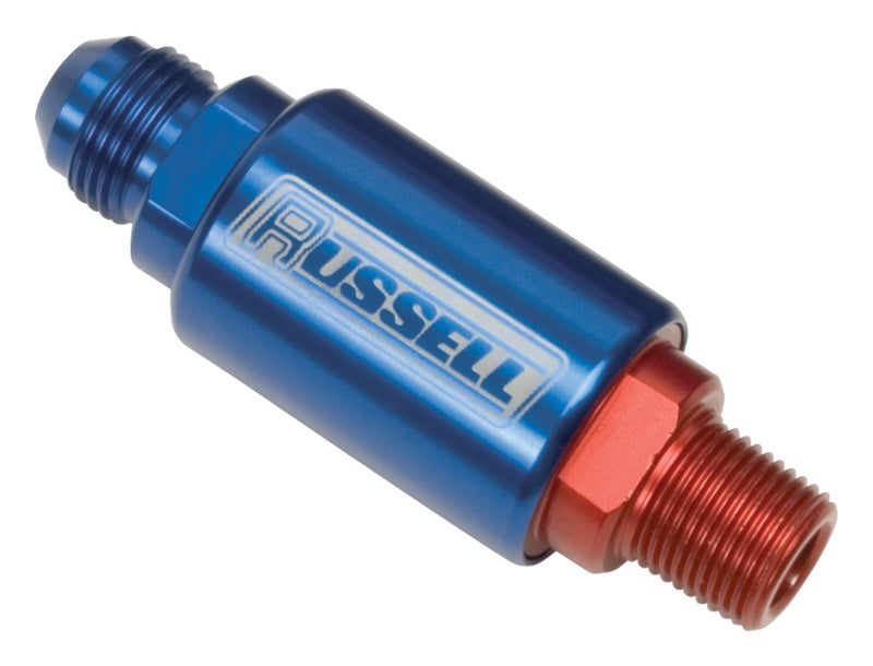 Russell Performance Red/Blue Anodized (3in Length 1-1/4in dia. -6 x 3/8in male NPT inlet/outlet) Fuel Filters Russell
