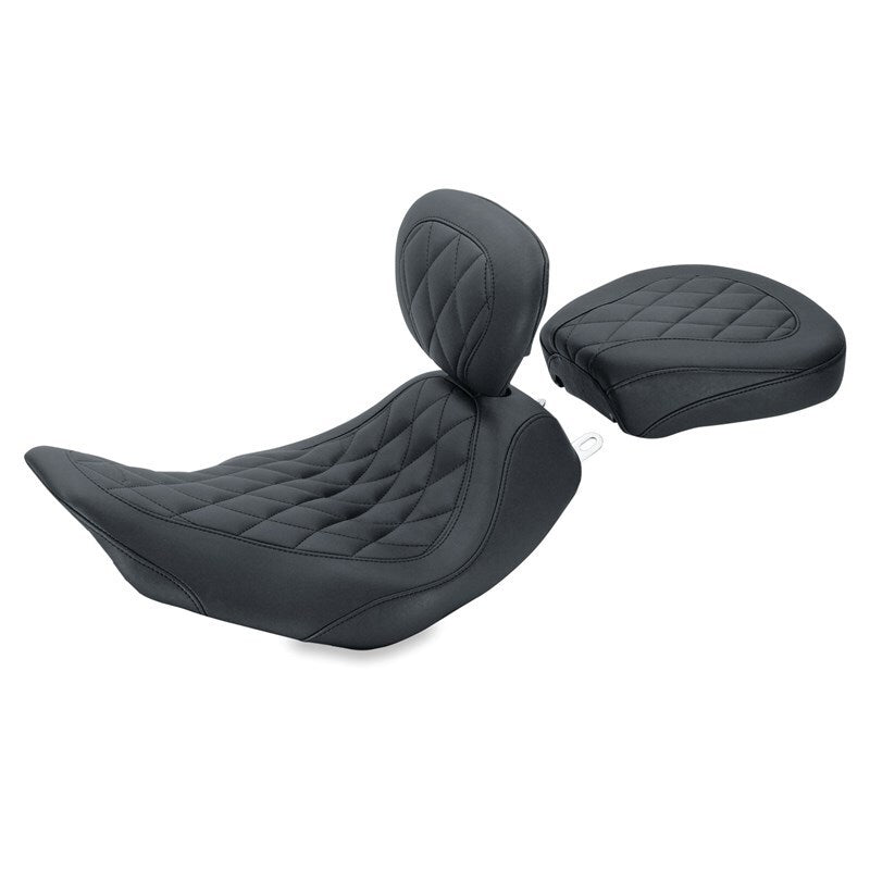 Mustang 06-17 Harley Dyna Wide Tripper Solo Seat w/Driver Backrest Diamond Stitch - Black Solo Motorcycle Seats Mustang Motorcycle
