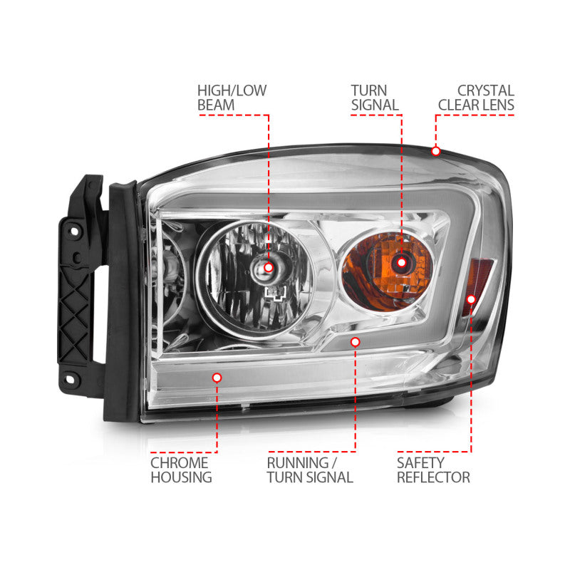ANZO 06-09 Dodge RAM 1500/2500/3500 Headlights Chrome Housing/Clear Lens (w/ Light Bars) Headlights ANZO