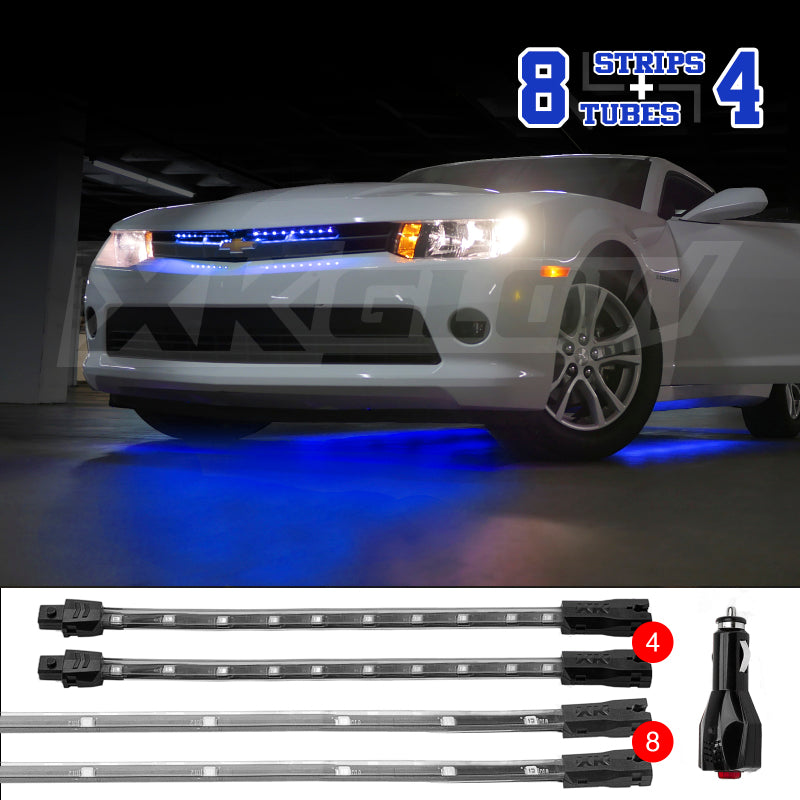 XK Glow Single Color XKGLOW UnderglowLED Accent Light Car/Truck Kit Blue - 8x24In Tube + 4x8In Strip Light Accessories and Wiring XKGLOW