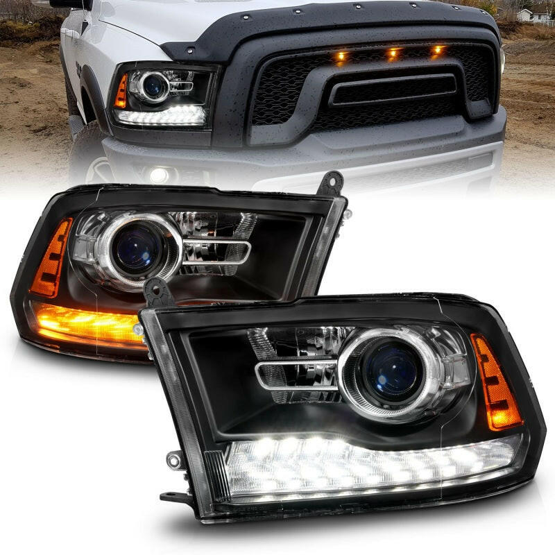 ANZO 09-18 Dodge Ram 1500/2500/3500 LED Plank Style Headlights Switchback + Sequential - Matte Black Headlights ANZO