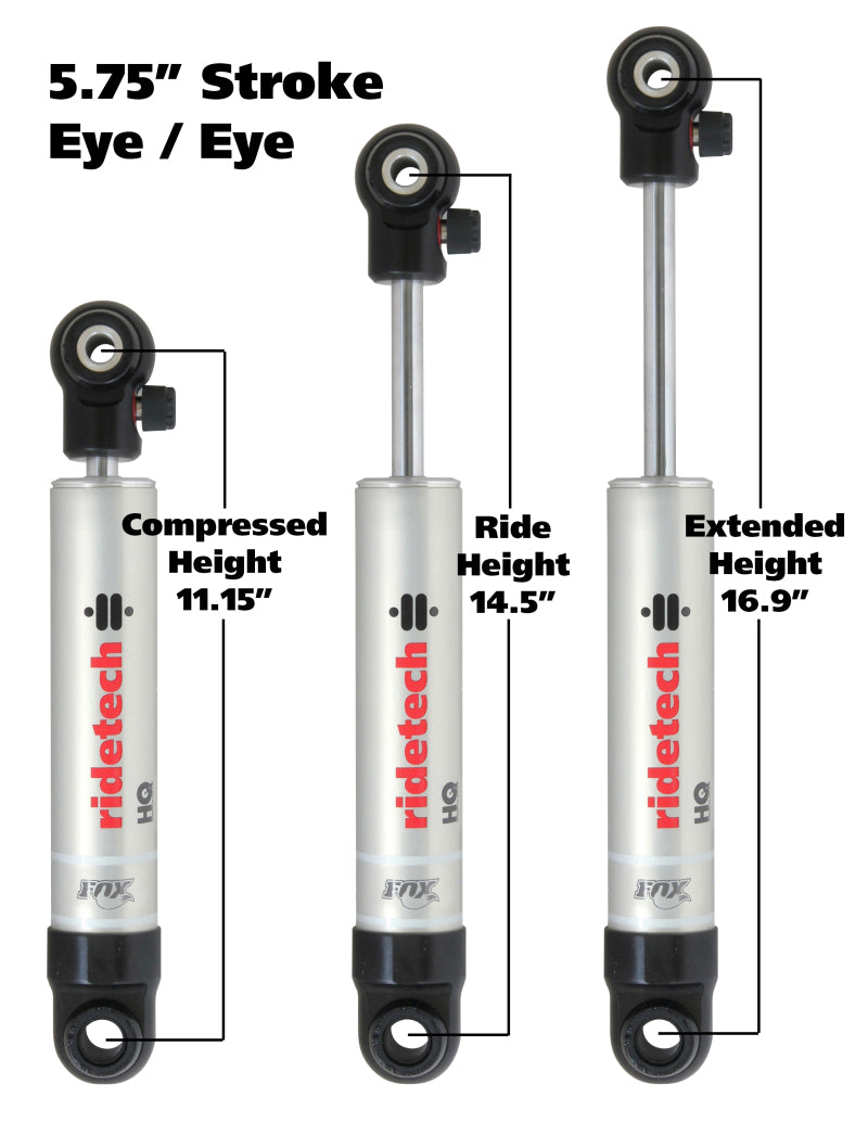 Ridetech HQ Series Shock Absorber Single Adjustable 5.75in Stroke Eye/Eye Mounting 11.15in x 16.9in Shocks and Struts Ridetech