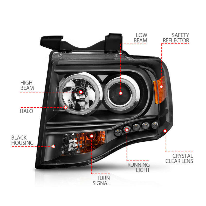 ANZO 2007-2014 Ford Expedition Projector Headlights w/ Halo Black Headlights ANZO
