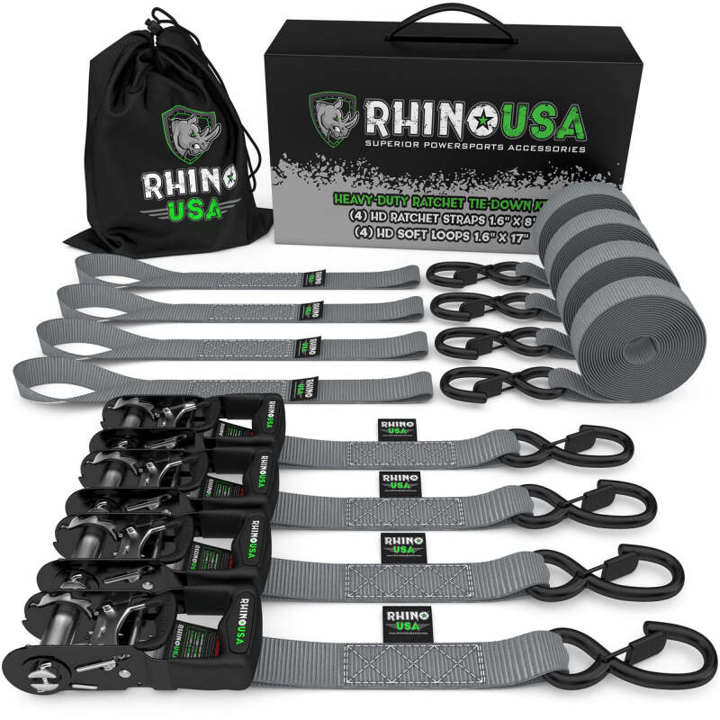 Rhino USA Heavy Duty Ratchet Tie-Down 4-Pack (Gray) 1.6In X 8Ft Cargo Tie-Downs Rhino USA
