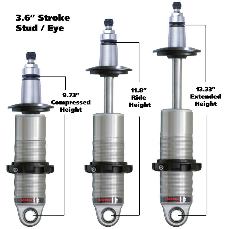 Ridetech HQ Series CoilOver Shock 3.6in Travel 2.5in Coil Eye/Stud Mounting 9.425inx13.025in Coilovers Ridetech