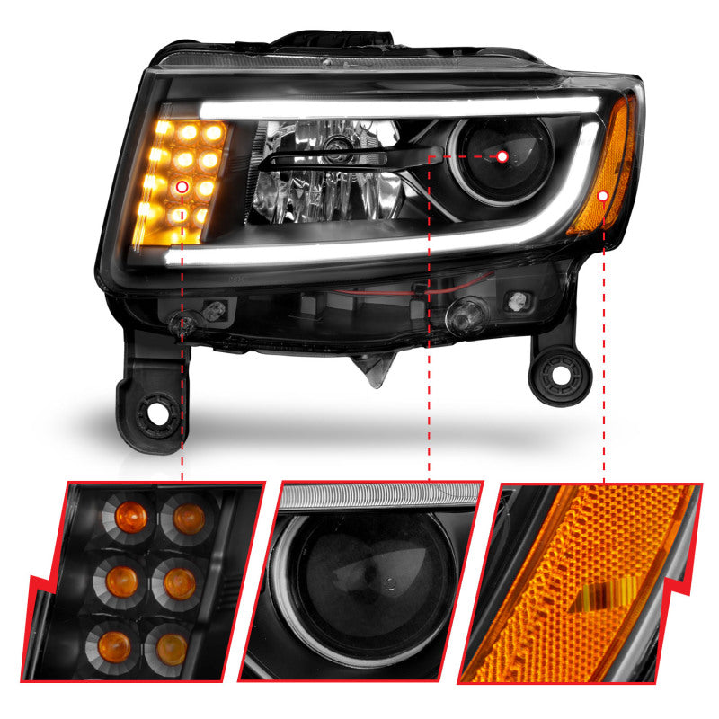 ANZO 2014-2015 Jeep Grand Cherokee Projector Headlights w/ Plank Style Design Black Headlights ANZO