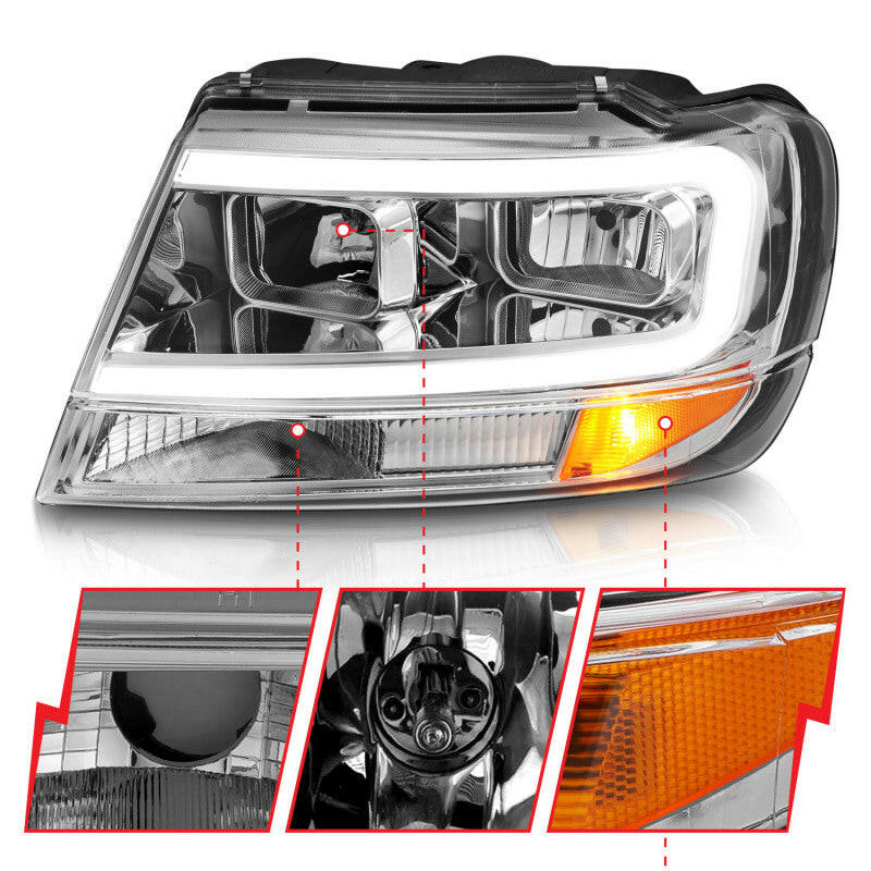 ANZO 1999-2004 Jeep Grand Cherokee Crystal Headlights w/ Light Bar Chrome Housing Headlights ANZO