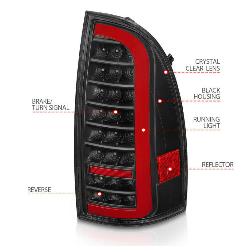 ANZO 05-15 Toyota Tacoma Full LED Tail Lights w/Light Bar Sequential Black Housing Clear Lens Tail Lights ANZO