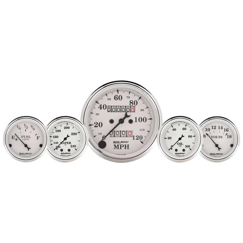 AutoMeter Gauge Kit 5 Pc. 3-1/8in. & 2-1/16in. Mech. Speedo. Wtmp & Oilp Old Tyme Wht Gauges AutoMeter