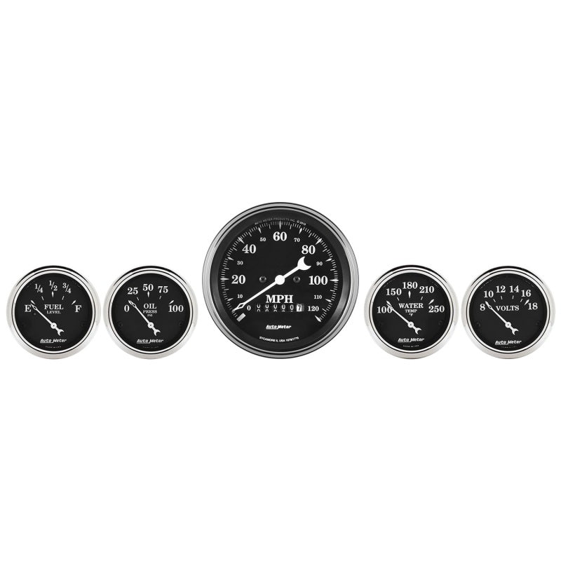 Auto Meter Gauge Kit 5 pc. 3 3/8in & 2 1/16in Elec. Speedometer Old Tyme Black Gauges AutoMeter