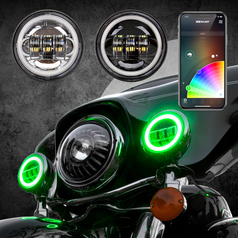 XK Glow 4.5In Black RGB LED Harley Running Light XKchrome Bluetooth App Controlled Kit Headlights XKGLOW