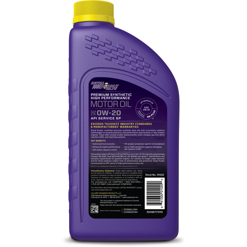 Royal Purple Premium Synthetic High Performance Multi-Grade 0W-20 Motor Oil - 1 Quart Motor Oils Royal Purple
