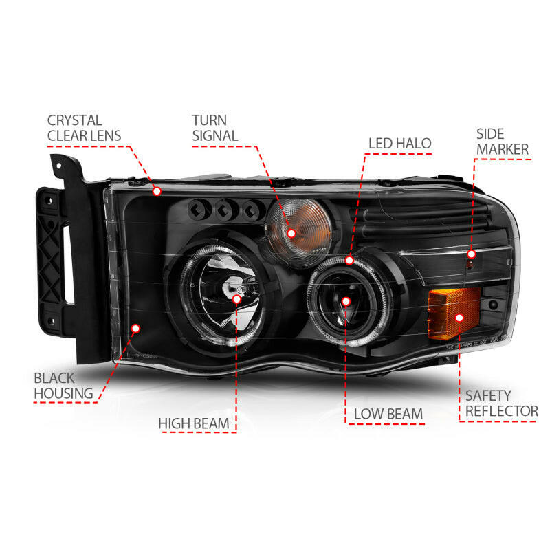 ANZO 2002-2005 Dodge Ram 1500 Projector Headlights w/ Halo Black Clear Amber Headlights ANZO