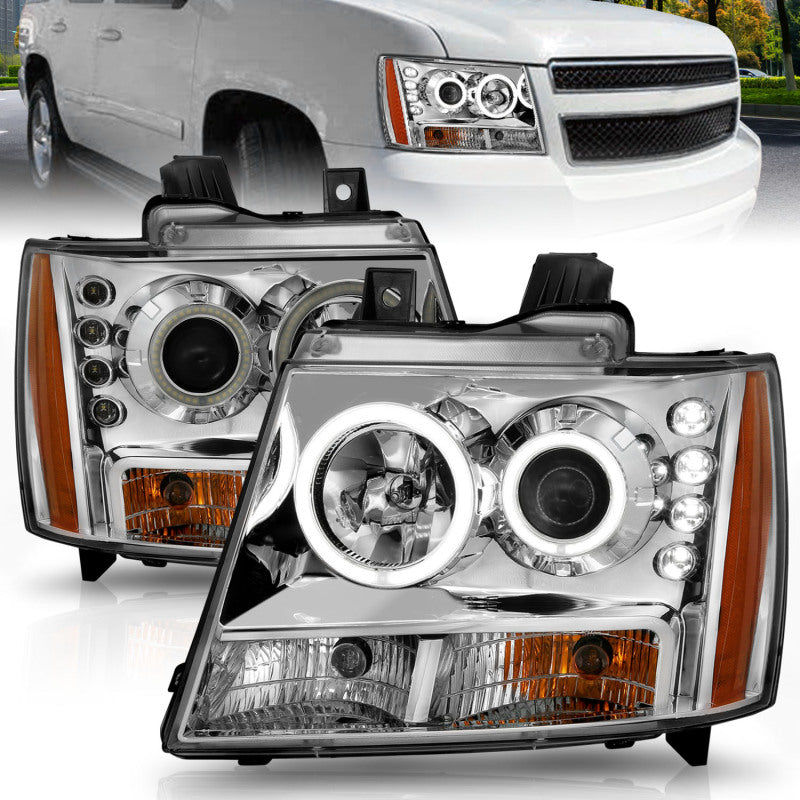 ANZO 2007-2013 Chevrolet Avalanche Projector Headlights w/ Halo Chrome Headlights ANZO