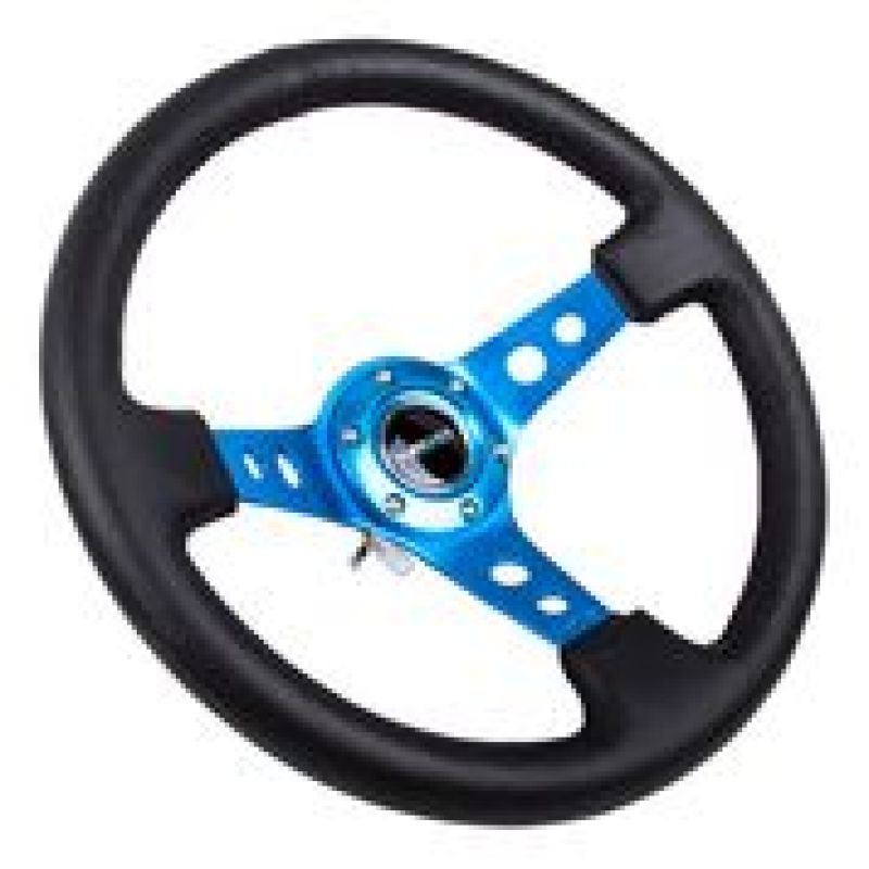 NRG Reinforced Steering Wheel (350mm / 3in. Deep) Blk Leather w/Blue Circle Cutout Spokes Steering Wheels NRG