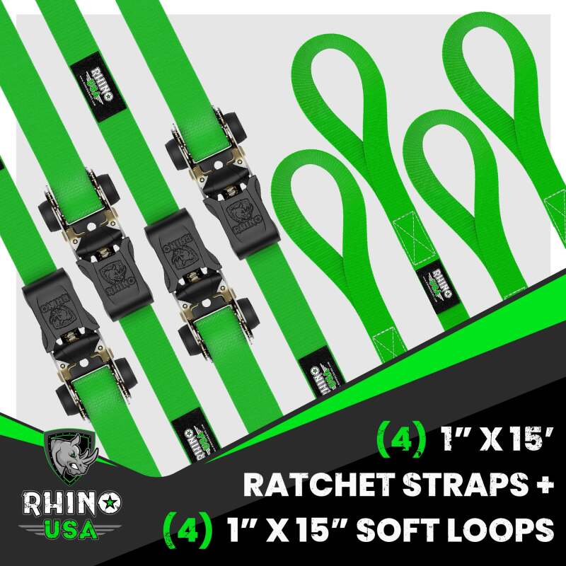 Rhino USA Medium Duty Ratchet Strap Tie-Down 4-Pack (Green) Cargo Tie-Downs Rhino USA