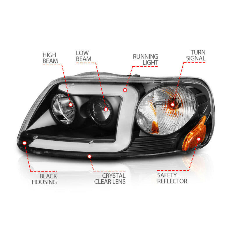 ANZO 1997-2003 Ford F-150 Projector Headlights w/ Light Bar Black Housing Headlights ANZO