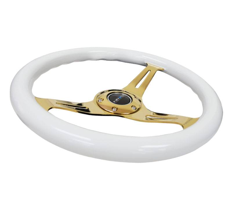 NRG Classic Wood Grain Steering Wheel (350mm) White Grip w/Chrome Gold 3-Spoke Center Steering Wheels NRG