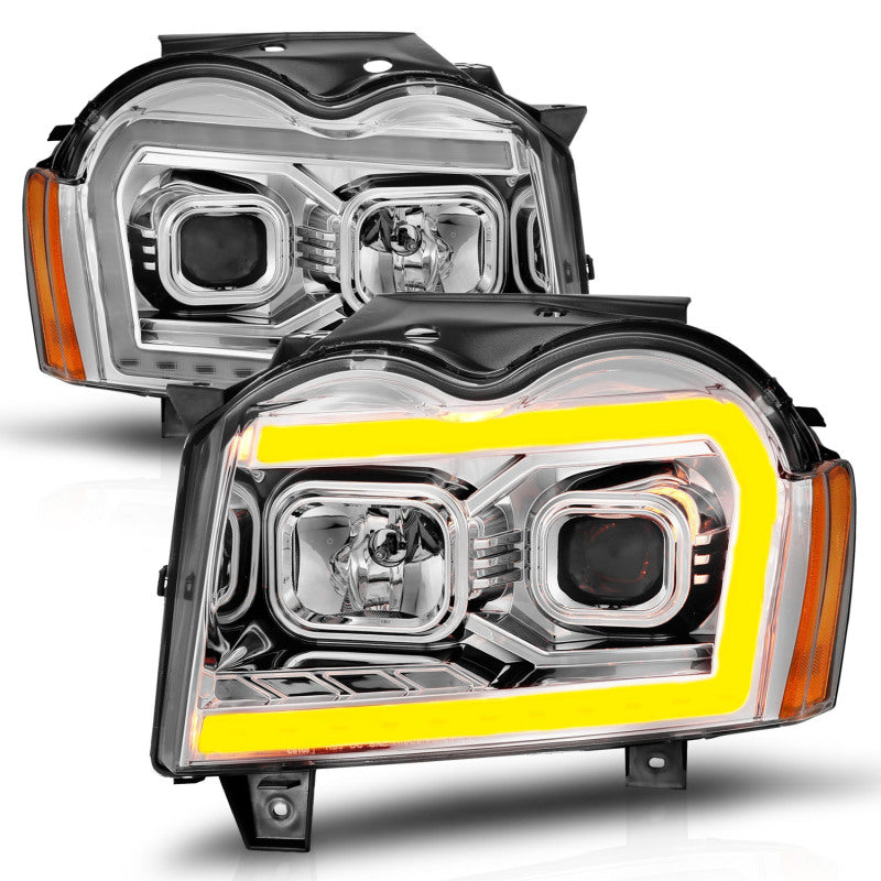 ANZO 05-07 Jeep Grand Cherokee Projector Headlights - w/ Light Bar Switchback Chrome Housing Headlights ANZO