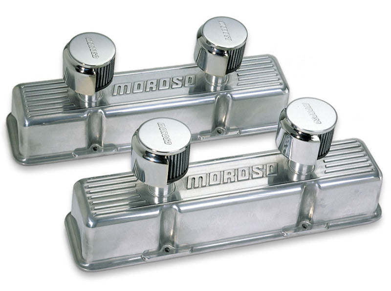 Moroso Chevrolet Small Block Valve Cover - 2 Covers w/2 Breathers - Polished Aluminum - Pair Valve Covers Moroso