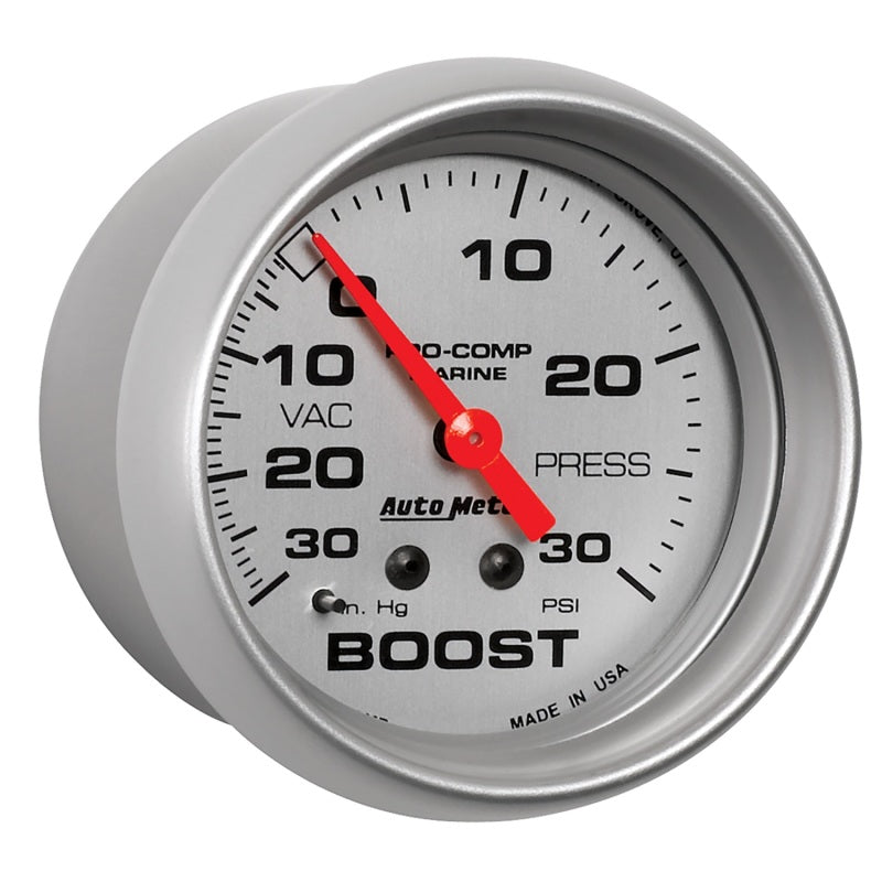 AutoMeter Marine Vac/Boost Gauge 2 5/8in 30INHG 30PSI Mechanical- Silver Gauges AutoMeter