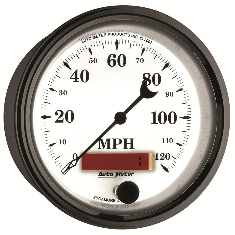 AutoMeter Gauge Speedometer 3-3/8in. 120MPH Elec. Prog. W/ Lcd Odo Old Tyme Wht II Gauges AutoMeter