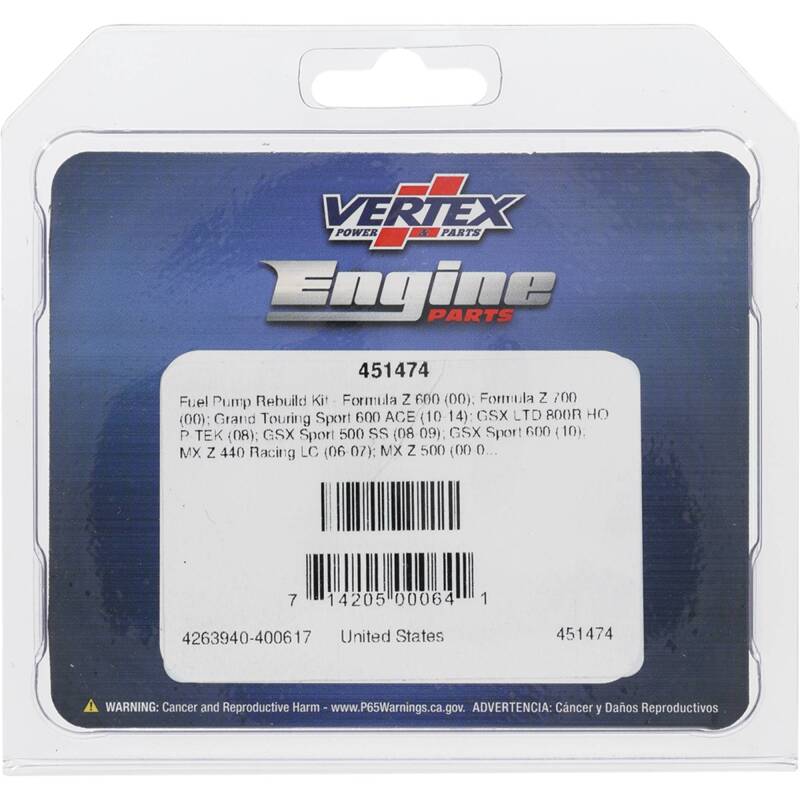 Vertex Gaskets 02-06 Arctic Cat ZR 440 Sno-Pro Fuel Pump Rebuild Kit Gasket Kits Vertex Pistons