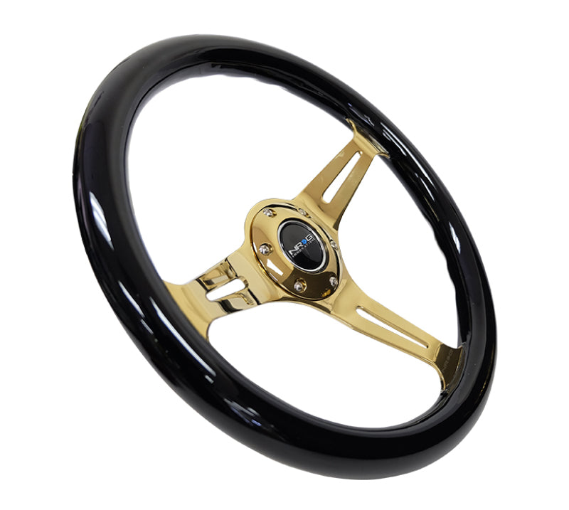 NRG Classic Wood Grain Steering Wheel (350mm) Black Grip w/Chrome Gold 3-Spoke Center Steering Wheels NRG