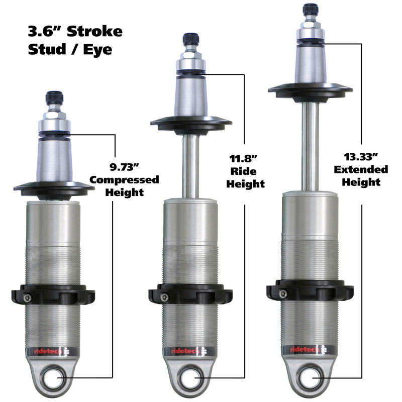 Ridetech HQ Series CoilOver Shock 3.6in Travel 2.5in Coil Eye/Stud Mounting 9.425inx13.025in Coilovers Ridetech