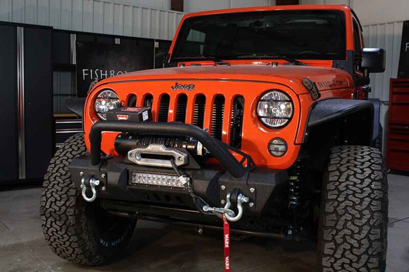 Fishbone Offroad 07-18 Jeep Wrangler JK Frnt Stubby Winch Bumper W/Tube Guard - Blk Txtrd Pwdrcoated Bumpers - Steel Fishbone Offroad
