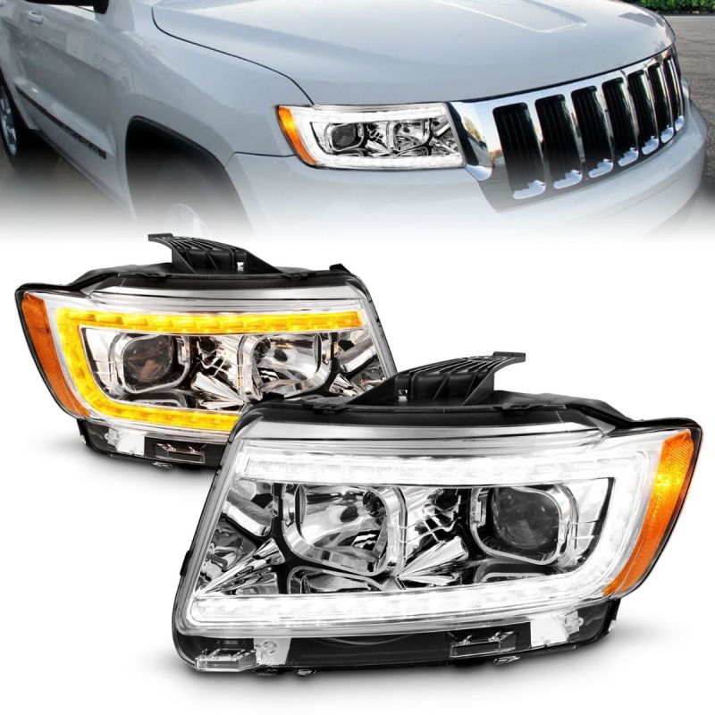 ANZO 11-13 Jeep Grand Cherokee (Factory Halogen Only) Projector Headlights w/Light Bar Swchbk Chrome Headlights ANZO