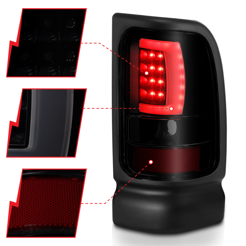 ANZO 1994-2001 Dodge Ram 1500 LED Taillights Plank Style Black w/Smoke Lens Tail Lights ANZO