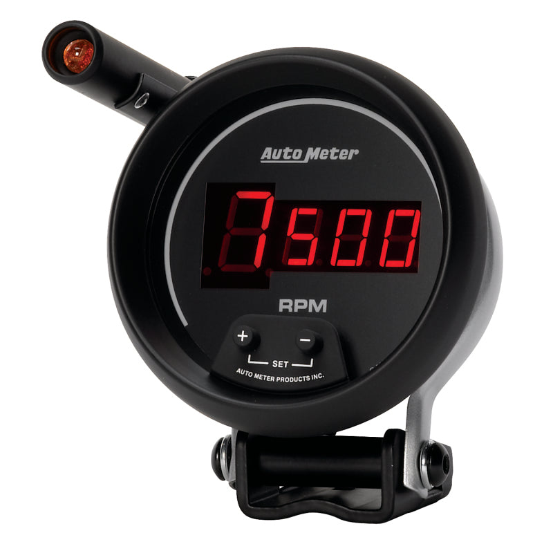 Autometer Quick-Lite Digital 10K RPM Pedestal Mount 3 3/4in Tachometer Black Dial w/ Red LED Gauges AutoMeter