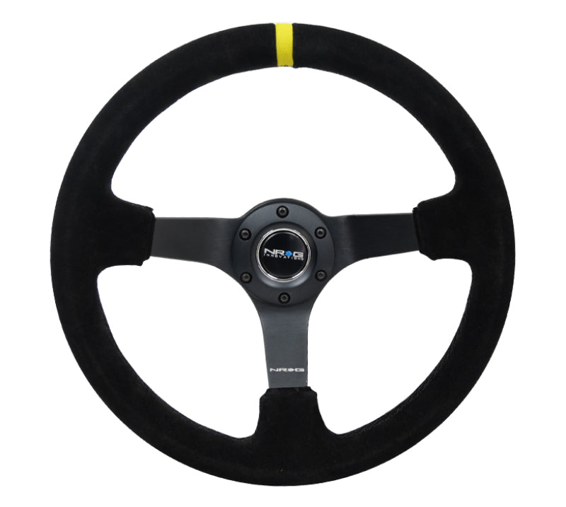 NRG Reinforced Steering Wheel (350mm / 3in. Deep) Blk Suede/X-Stitch w/5mm Blk Spoke & Yellow CM Steering Wheels NRG