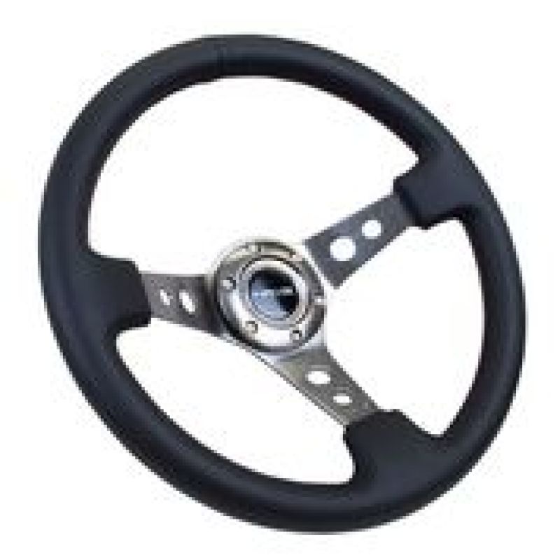 NRG Reinforced Steering Wheel (350mm / 3in. Deep) Blk Leather w/Gunmetal Circle Cutout Spokes Steering Wheels NRG