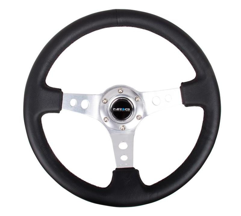NRG Reinforced Steering Wheel (350mm / 3in. Deep) Blk Leather w/Silver Spoke & Circle Cutouts Steering Wheels NRG