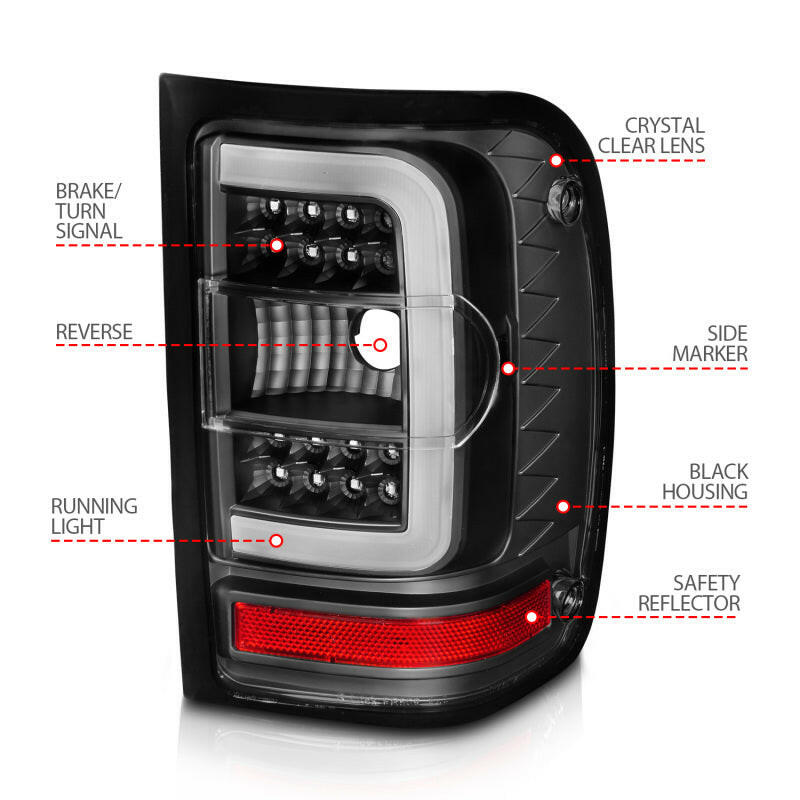 ANZO 2001-2011 Ford Ranger LED Tail Lights w/ Light Bar Black Housing Clear Lens Tail Lights ANZO
