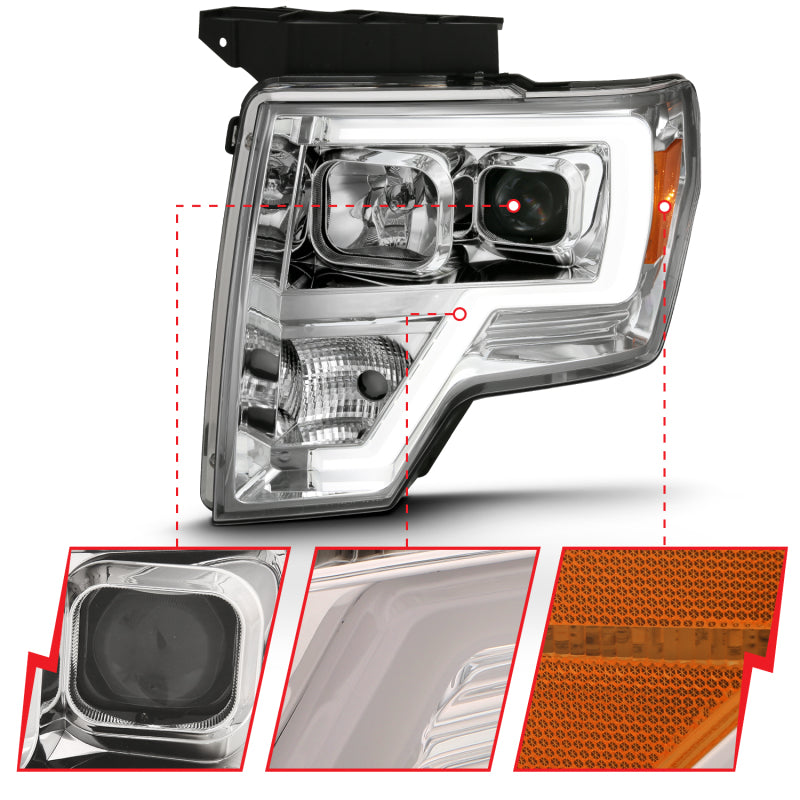 ANZO 2009-2014 Ford F-150 Projector Headlight Plank Style Chrome Amber Headlights ANZO