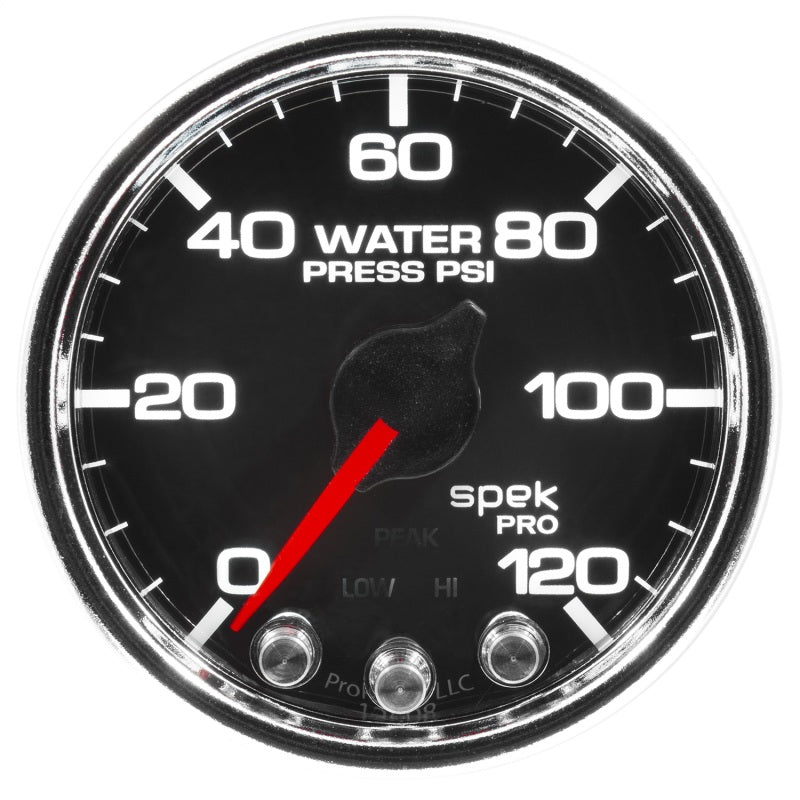 Autometer Spek-Pro Gauge Water Press 2 1/16in 120psi Stepper Motor W/Peak & Warn Blk/Chrm Gauges AutoMeter