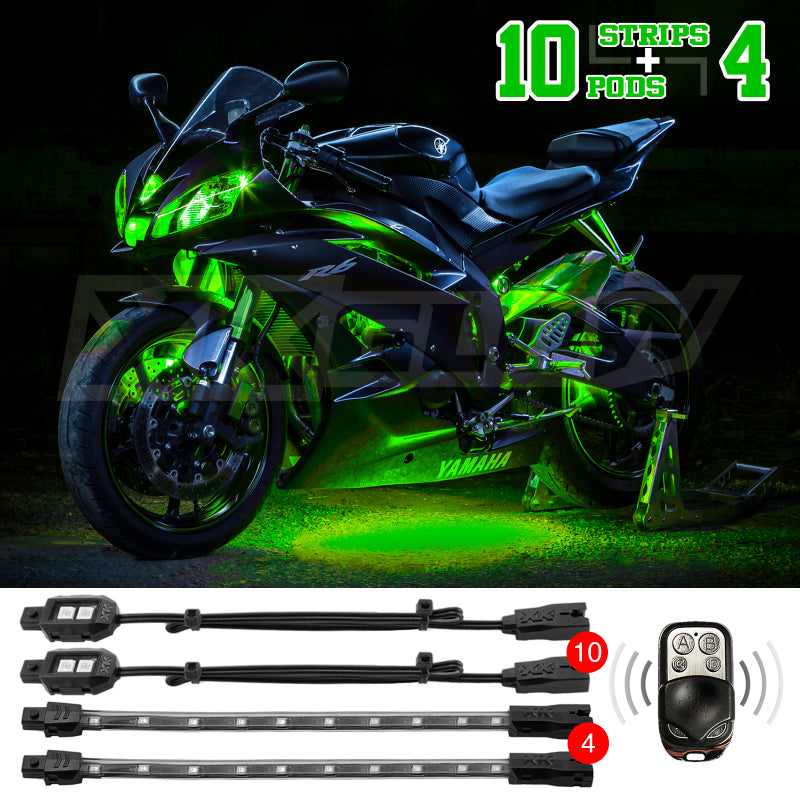 XK Glow Strips Single Color XKGLOW LED Accent Light Motorcycle Kit Green - 10xPod + 4x8In Light Accessories and Wiring XKGLOW
