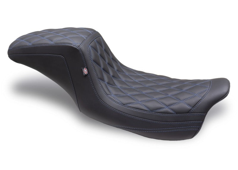 Mustang 08-24 HD FL Touring Double Diamond Squareback 1PC Seat - Black w/ Blue Stitching One-Piece Motorcycle Seats Mustang Motorcycle