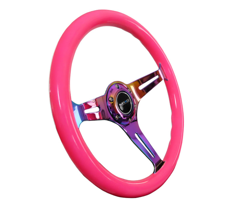 NRG Classic Wood Grain Steering Wheel (350mm) Neon Pink Painted Grip w/Neochrome 3-Spoke Center Steering Wheels NRG