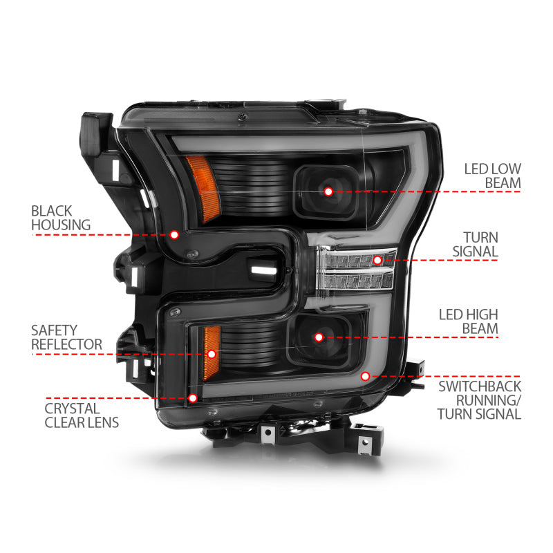 ANZO 15-17 Ford F-150 LED Projector Headlights - w/ Light Bar Switchback Black Housing Headlights ANZO